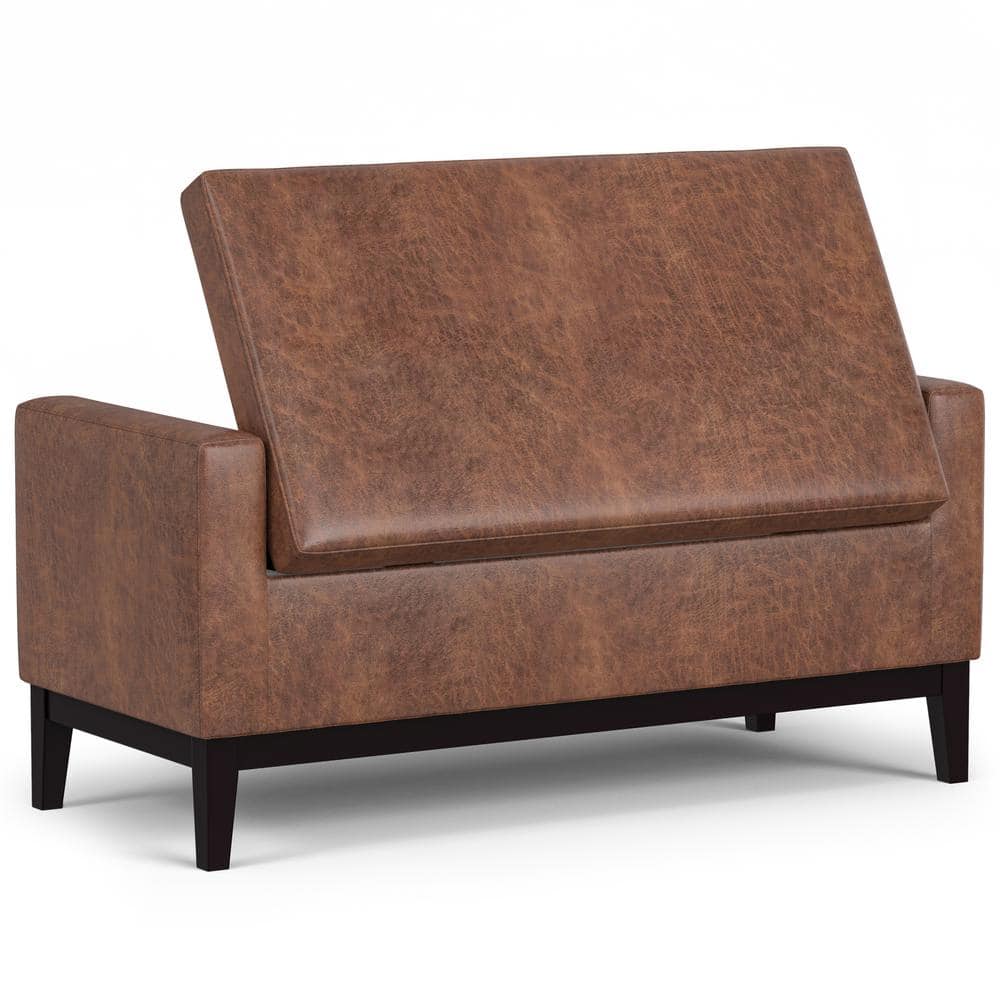 Amber 48" Distressed Saddle Brown Faux Leather Storage Ottoman
