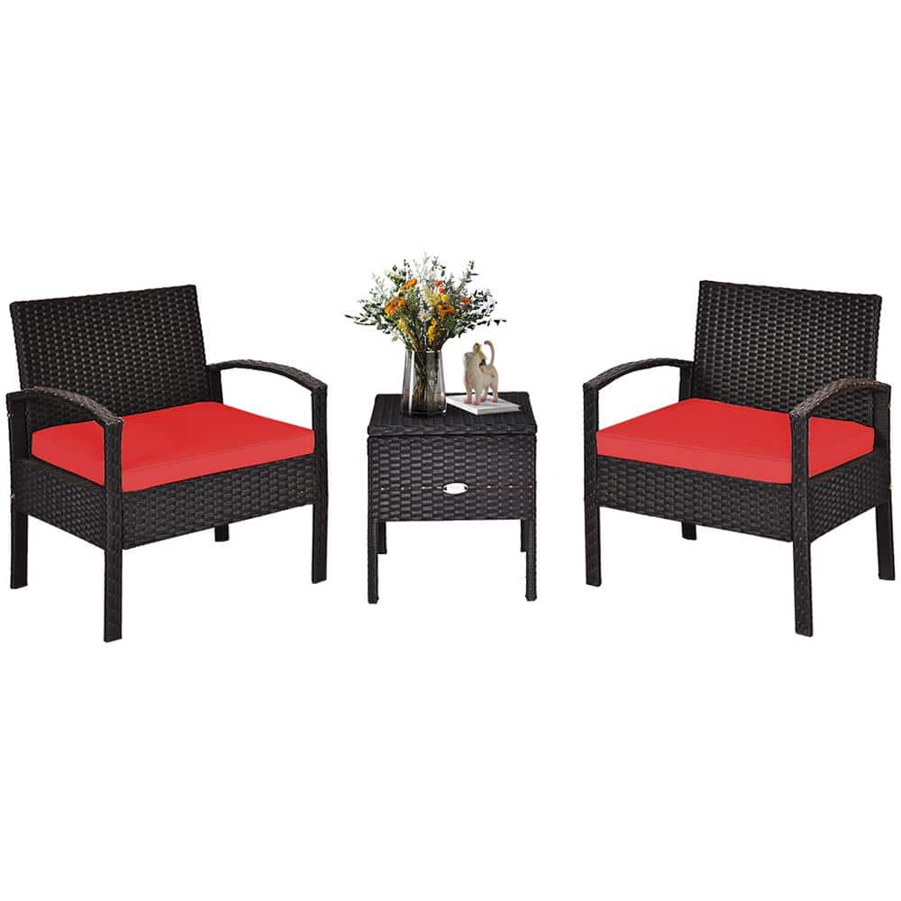 Red Cushioned Black Rattan 2-Person Patio Conversation Set