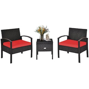 3-Pieces Wicker Outdoor Sectional Set with Red Cushion