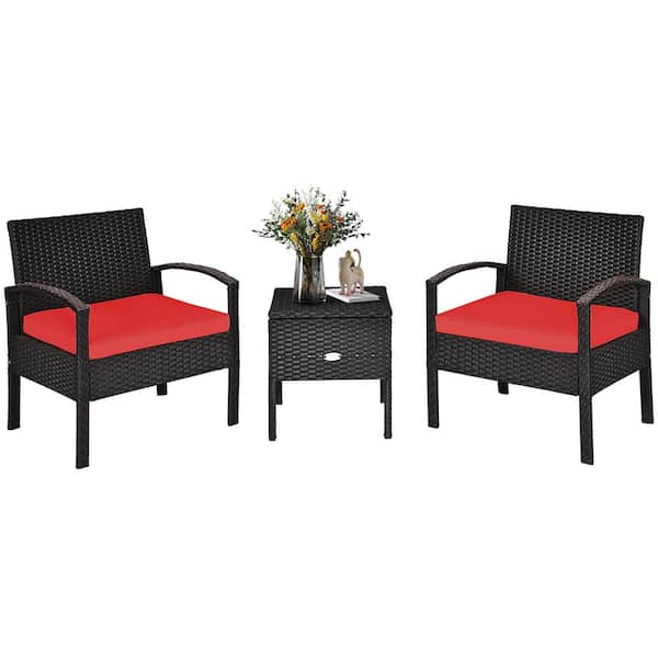 Costway 3-Pieces Wicker Outdoor Sectional Set with Red Cushion