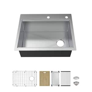 Professional Zero Radius 30 in. Drop-In Single Bowl 16 Gauge Stainless Steel Workstation Kitchen Sink with Accessories