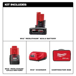 M12 12V Lithium-Ion Starter Kit with One 6.0 Ah and One 3.0 Ah Battery, Charger and Contractor Bag