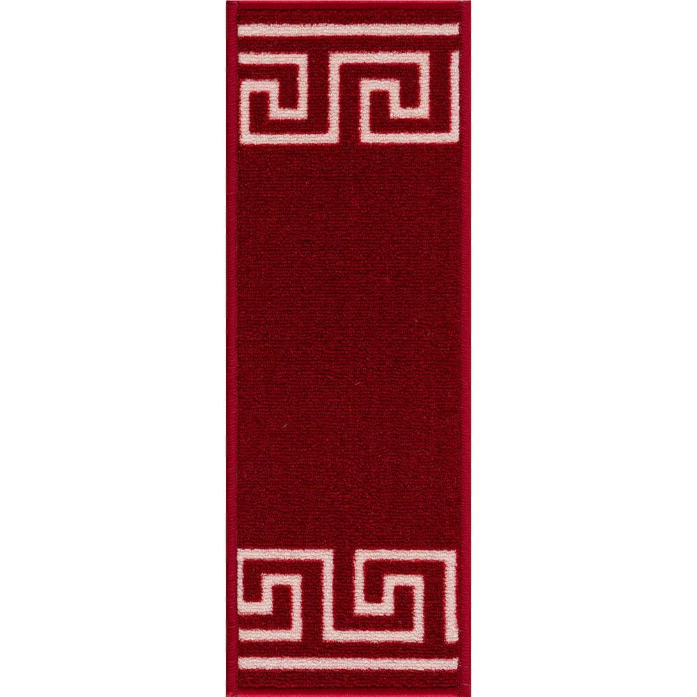 Greek Key Burgundy Red 8.5 in. x 26 in. Stair Tread Cover (Set of 13)