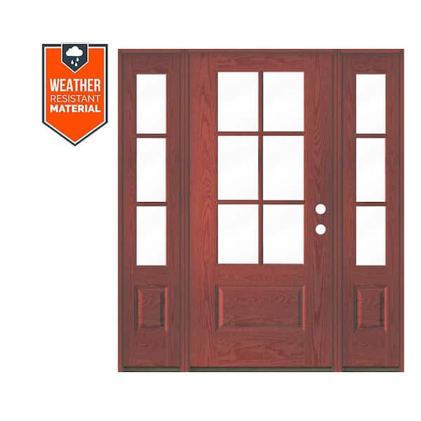 UINTAH Farmhouse 64 in. x 79 in. 6-Lite Left-Hand/Inswing Clear Glass Redwood Stain Fiberglass Prehung Front Door w/DSL