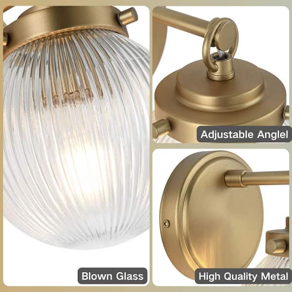 5.91 in. 1-Light Brushed Gold Vintage Industrial Wall Sconce Lighting Fixture with Round Clear Globe Ribbed Glass Shade