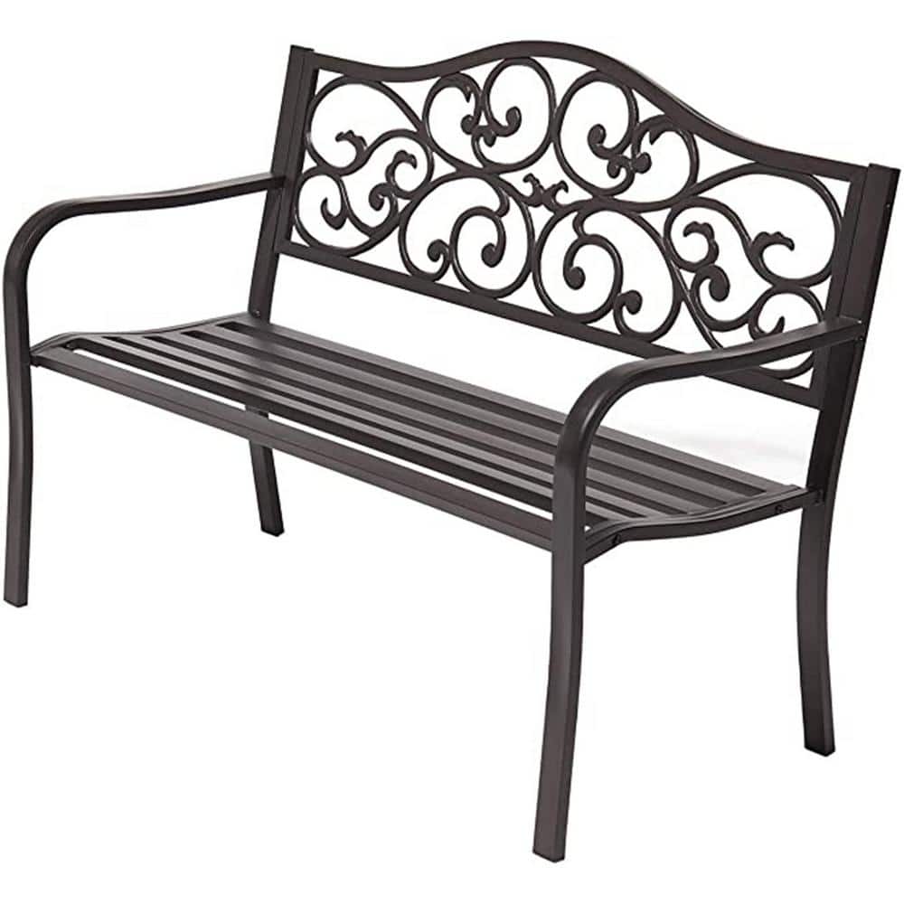 50 in. Cast iron Metal Outdoor Patio Bench, Patio Furniture Chair-Dark Brow