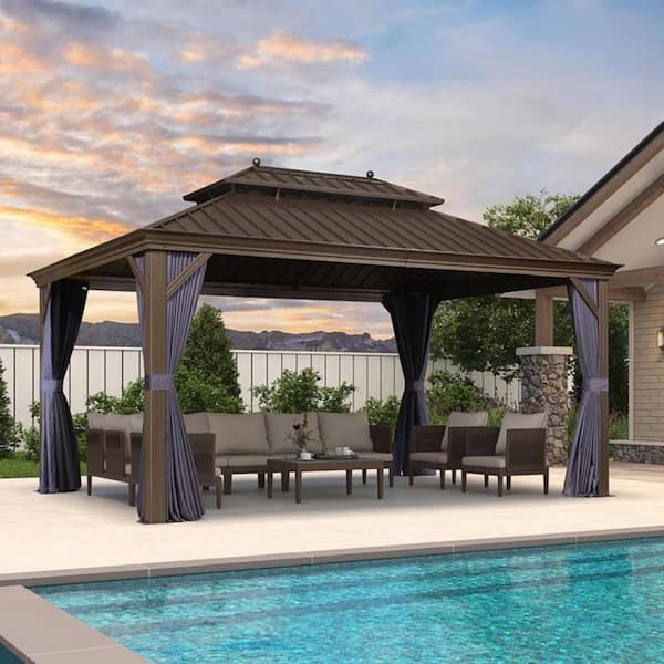 PURPLE LEAF 11 ft. x 15 ft. Bronze Aluminum PowerCoated Frame Galvanized Steel Double Roof Hardtop Gazebo Hooks Netting Blue Curtain