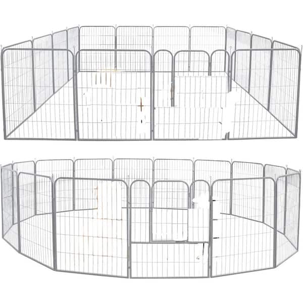 FUFU&GAGA 40 in. H Silver Dog Playpen, Panels Pet Pen, Portable Dog Fence with Door, Foldable Pet Exercise Playpen(16 Panels)