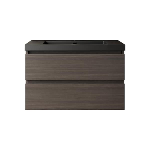 Tenleaf 30 in. W Single Sink Floating Bath Vanity in Dark Walnut with Black Acrylic Top and 2-Drawers, Sink Hole Cover and Drain