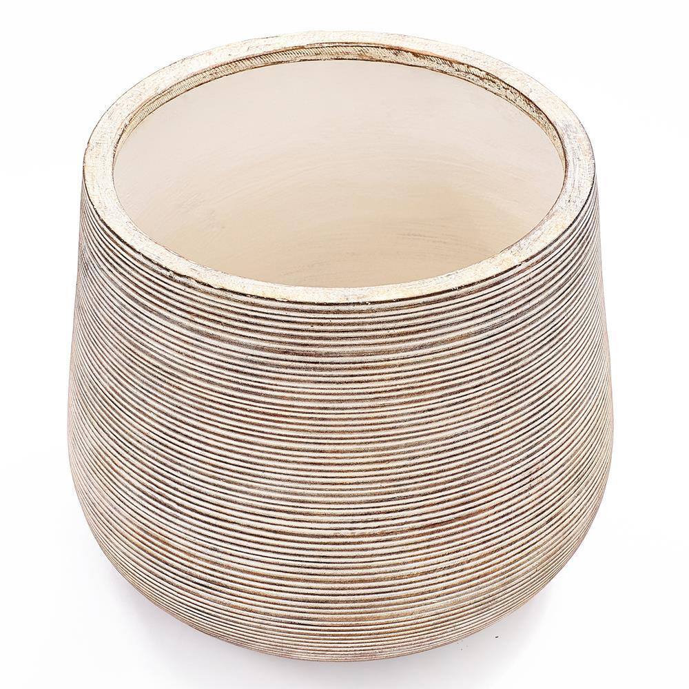 Distressed Tan and White Ribbed Round Planter