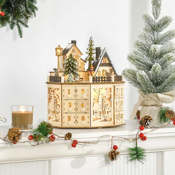 Reindeer House Village Wooden Christmas Advent Calendar w/ Drawers LED Lighted 