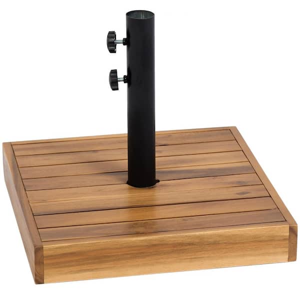 Wood Square Patio Umbrella Base, 42 lbs. Concrete Heavy Duty Umbrella Base with Holder for 1.25 in. /1.5 in. Poles, Teak