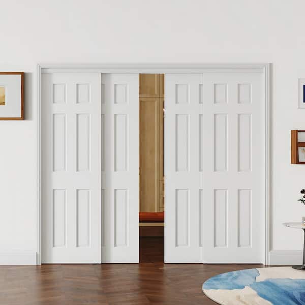 96 in. x 80 in. MDF, Solid Core, White, Painted Double 6-Panel Sliding Door with All Hardware