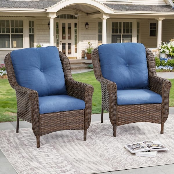 Opohoro Chryswirl Metal and Brown Wicker Outdoor Lounge Chair with Olefin Navy Blue Cushions (2-Pack)