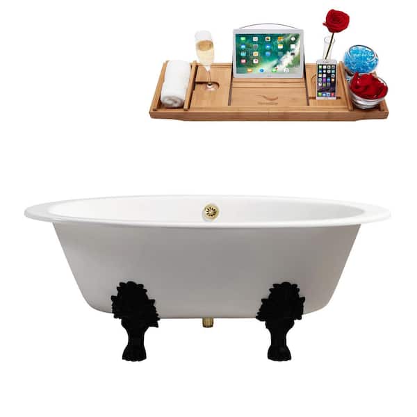 65 in. x 35 in. Cast Iron Clawfoot Soaking Bathtub in Glossy White with Matte Black Clawfeet and Polished Gold Drain