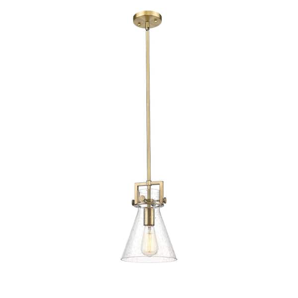Innovations Newton Cone 100-Watt 1 Light Brushed Brass Shaded Pendant Light with Seeded glass Seeded Glass Shade