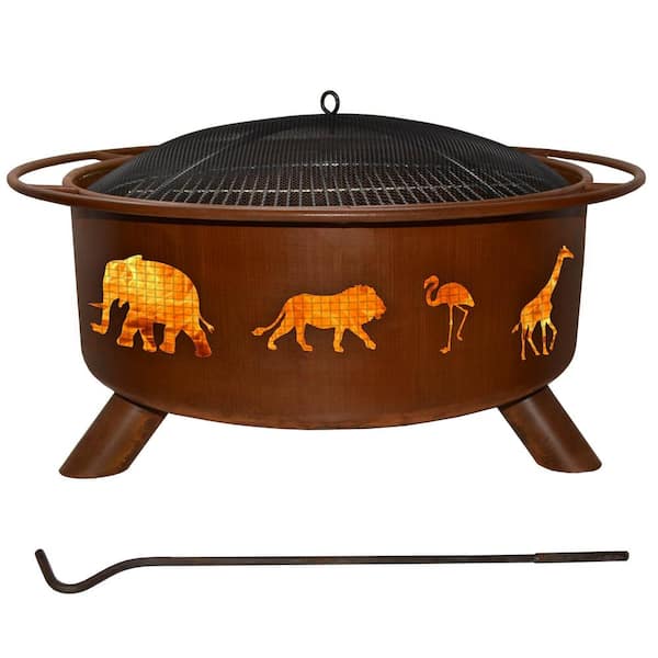 Unbranded Safari 29 in. x 18 in. Round Steel Wood Burning Fire Pit in Rust with Grill Poker Spark Screen and Cover