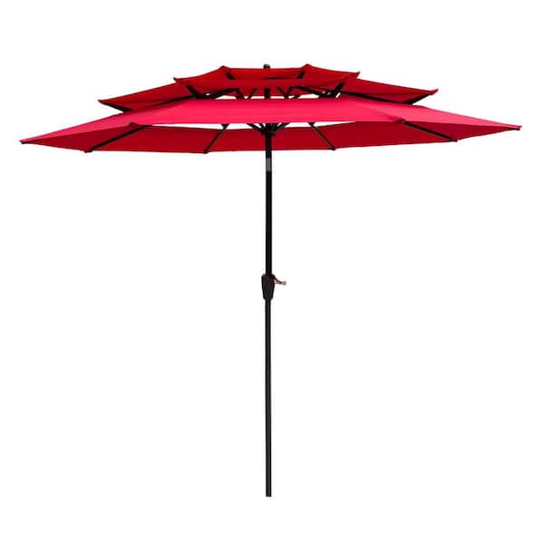 Unbranded 9 ft. Metal 3-Tiers Outdoor Patio Umbrella with Crank and Tilt and Wind Vents in Red