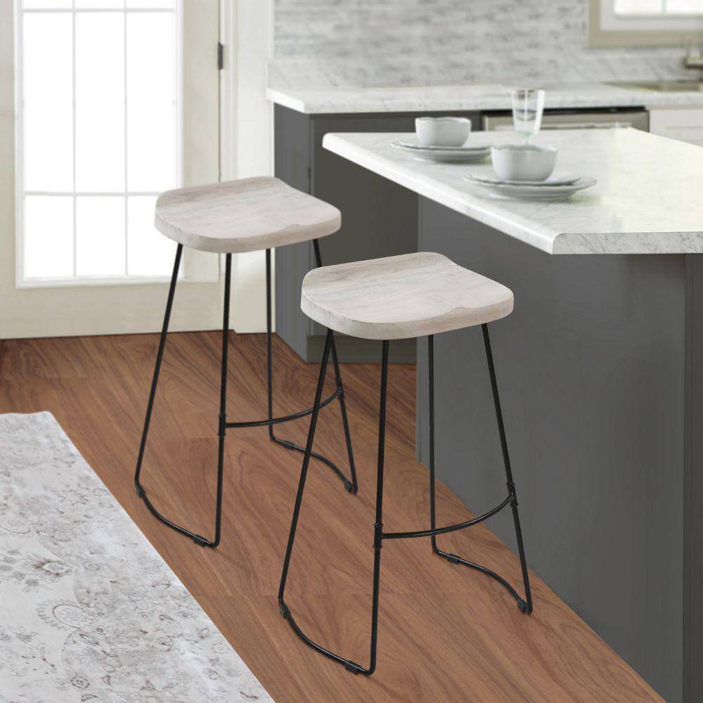 30-Inch Whitewashed Mango Wood Saddle Seat Backless Barstool with Black Metal Base