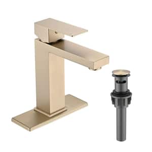 Leaf Single-Handle Single-Hole Bathroom Sink Faucet with Pop-Up Drain Deck Plate Vanity Sink Faucet in Brushed Gold