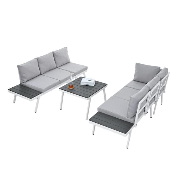 Clihome 5-Piece Aluminum Outdoor Patio Conversation Set with End Tables, Coffee Table and Gray Cushions