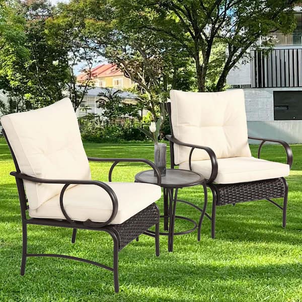 3-Piece Black Wicker Outdoor Bistro Set with white Cushion