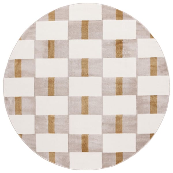 Groove 7 ft. x 7 ft. Ivory/Gold Geometric Checkered Round Area Rug