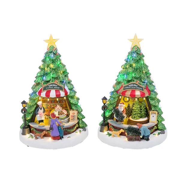 GERSON INTERNATIONAL 14 in. H Assorted Battery-Operated Musical Rotating Holiday Scene Trees (Set of 2)