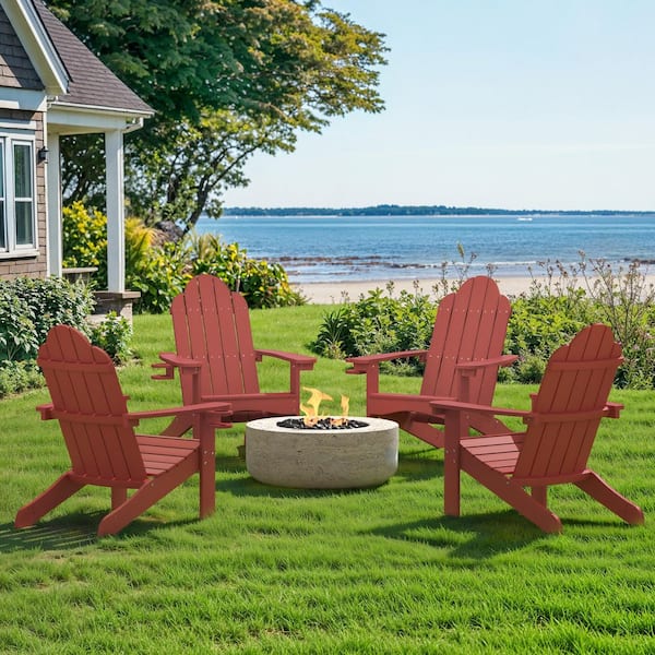 LUE BONA Recycled HIPS Plastic Red Weather Resistant With Cup Holder Outdoor Adirondack Chairs For Patio and Pool(set of 4)