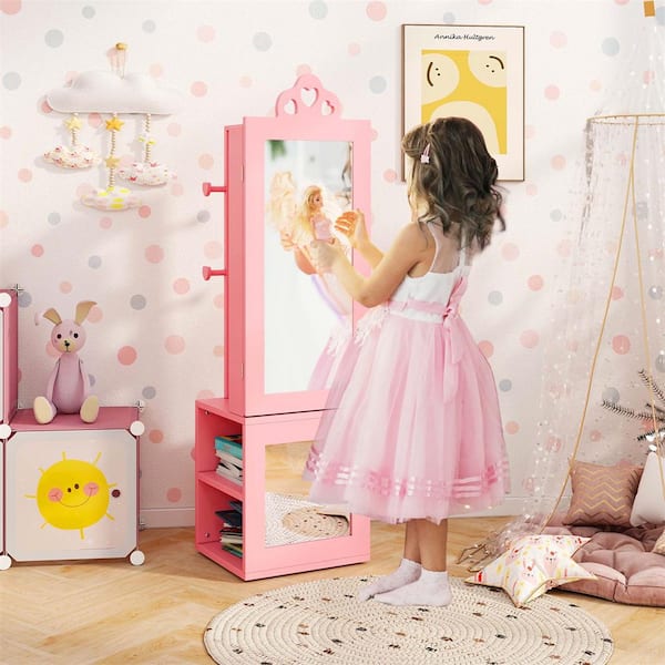 Costway Kids Pink Wood Jewelry Cabinet Standing Children Jewelry