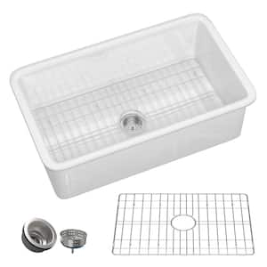 32 in. Undermount Kitchen Sink White Single Bowl Fireclay Deep Modern Drop-in Farm Sink with Accessory Kit