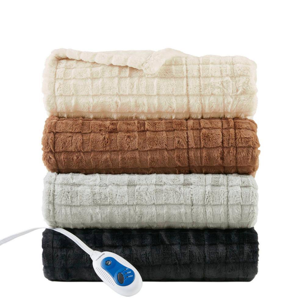 Oversized Brown Faux Fur Heated Throw with Down Alternative