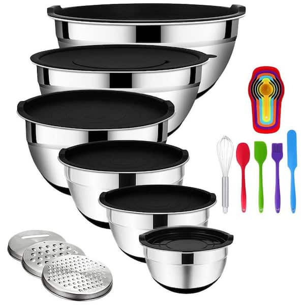 20 PCS Black Stainless Steel Mixing Bowls Set with Airtight Lids with 3 Grater Attachments Non-Slip Bottoms for Baking