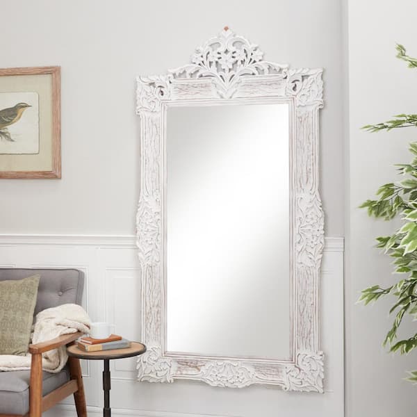 Litton Lane 69 in. x 36 in. Intricately Carved Acanthus Rectangle Framed White Floral Wall Mirror