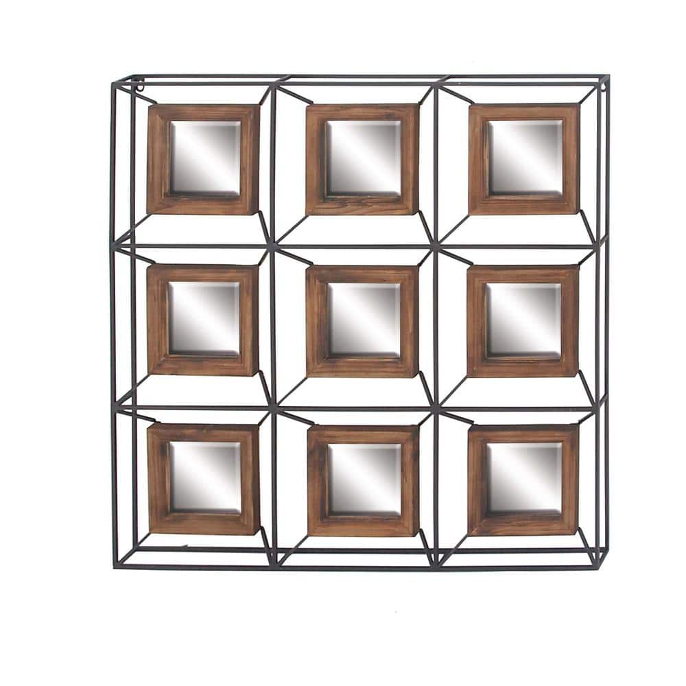 Square Wood and Iron Grid Wall Mirror