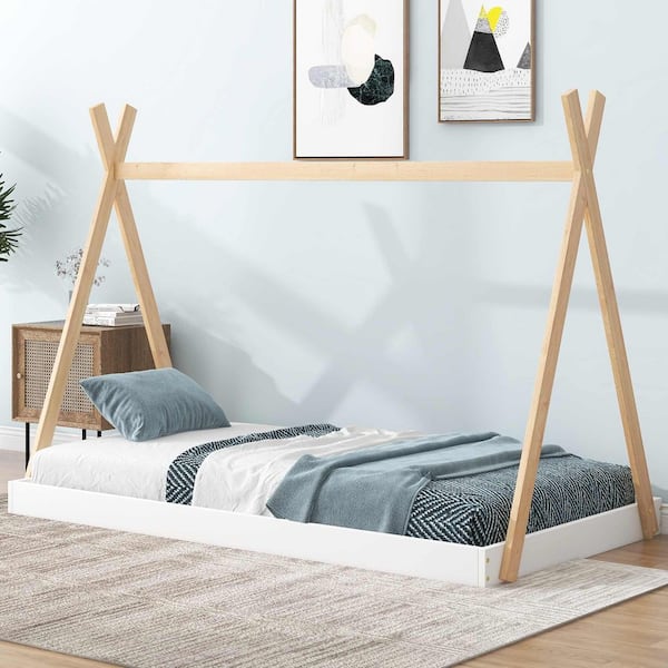 White/Natural Wood Frame Twin Size Platform Bed with Triangle Structure