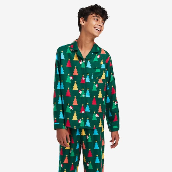 The Company Store Company Cotton Family Flannel Unisex Button Down 6/7 Green Multi Pajama Set