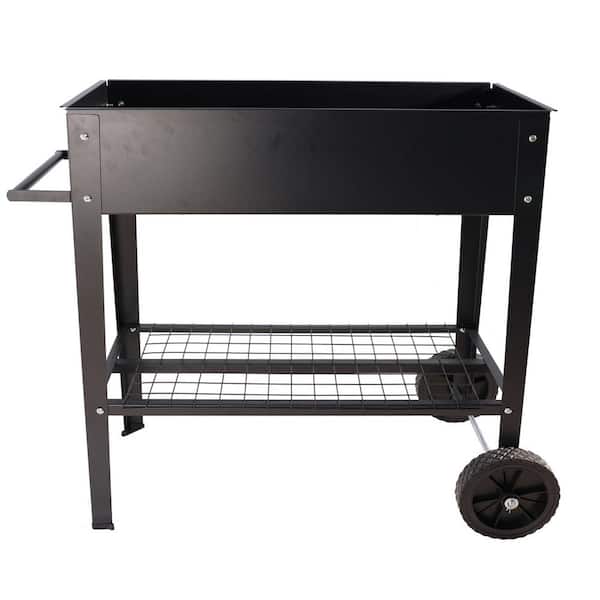 ATENGNES 30 in. x 14 in. x 7 in. Black Patio Metal Mobile Black Raised Garden Bed Elevated Tall Planter Box with Wheels