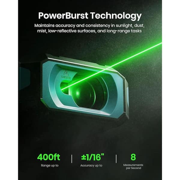 S50 400 ft. Laser Distance Measuring Tool, Indoor/Outdoor with P2P, Side-Laser Alignment, 2.4 in. IPS Backlit Display