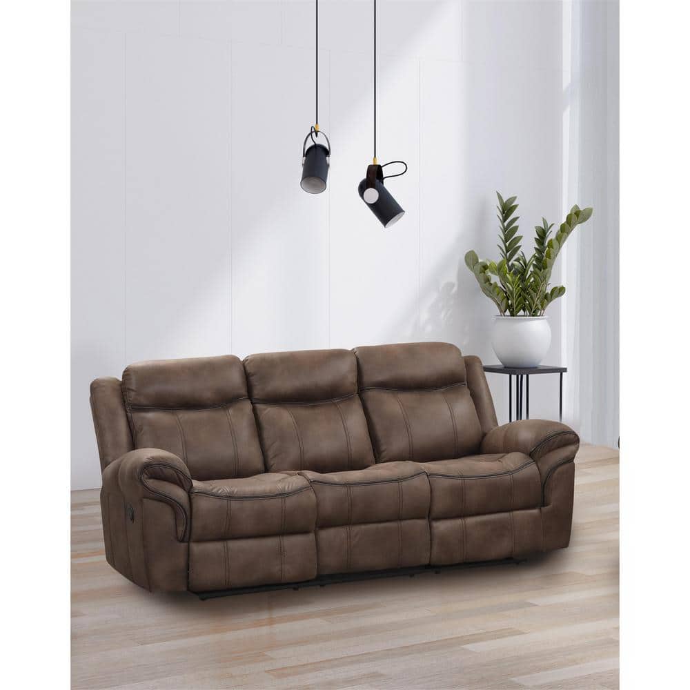 87" Brown Suede Reclining Sofa with Cup Holders