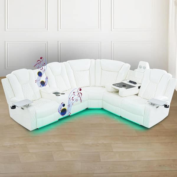 HOMESTOCK 114.96 in. Theater Style Air Leather Motion Sofa Corner Set Sectional Sofa With Adjustable Headrest in. White