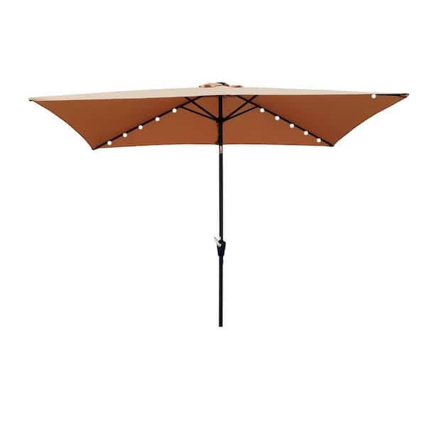 Unbranded 10 ft. x 6.5 ft. Rectangular Solar LED Lighted Outdoor Market Patio Umbrellas with Crank and Push Button Tilt in Brown