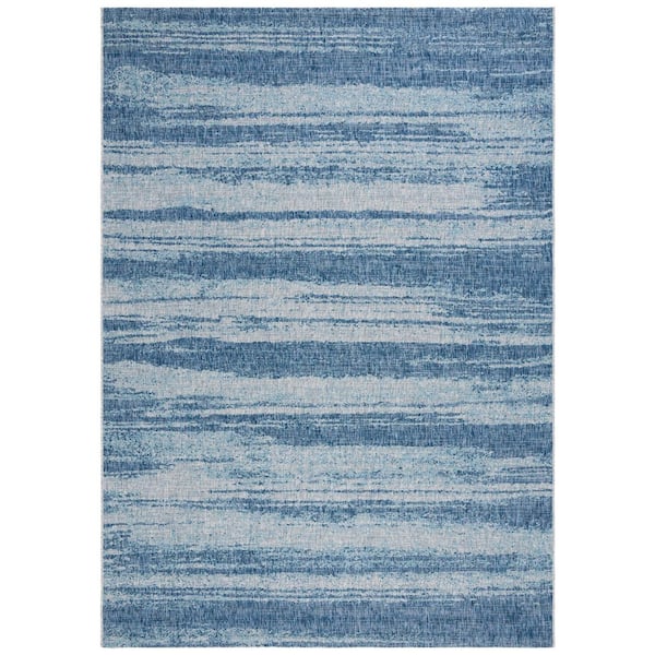 Courtyard Gray/Blue 8 ft. x 11 ft. Blurred Striped Indoor/Outdoor Area Rug