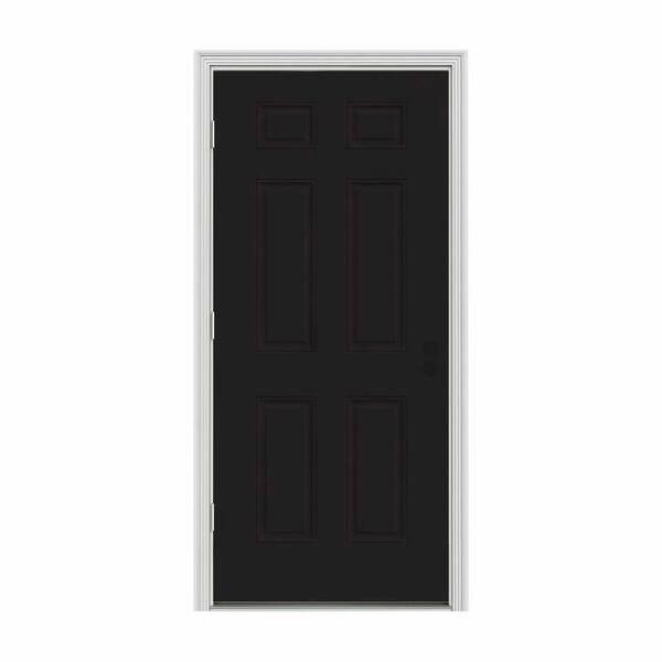 JELD-WEN 34 in. x 80 in. 6-Panel Black Painted w/ White Interior Steel Prehung Right-Hand Outswing Front Door w/Brickmould