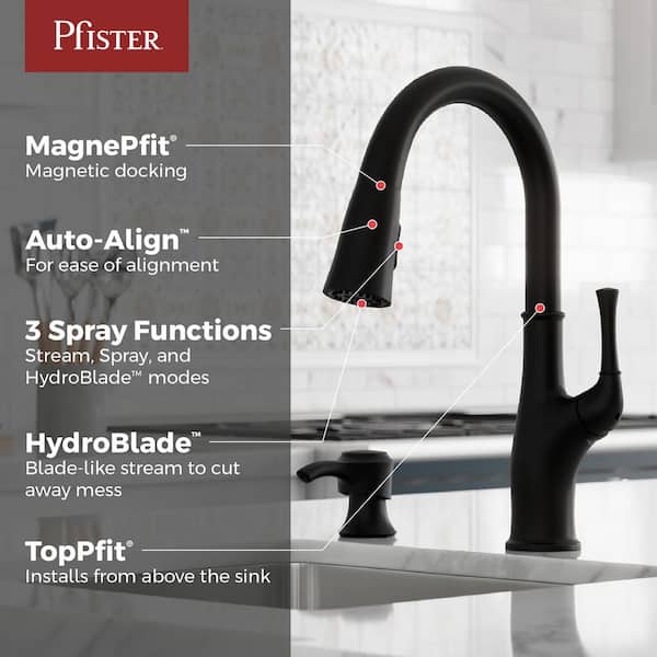 Alderwood Single Handle Pull Down Kitchen Faucet with Deck Plate and Soap Dispenser in Matte Black