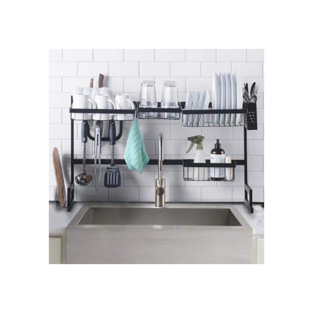 Black Powder-Coated Metal Over-the-Sink Dish Rack with Utensil Cup
