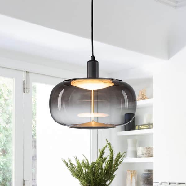 11.81 in. 10-Watt 1-Light Modern Black Metal Dimmable Integrated LED Pendant Light with Drum Smoky Gray Shade
