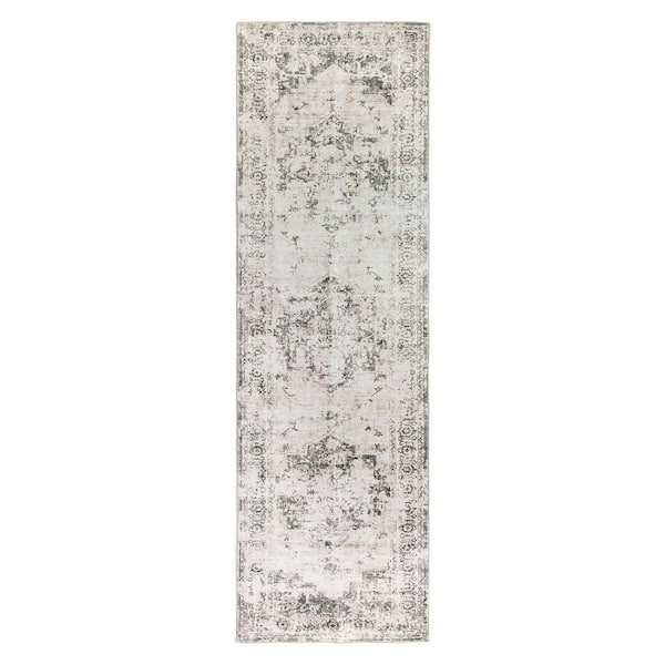 Transitional Distressed Medallion Washable Non Slip Gray 2 ft. x 10 ft. Runner Rug