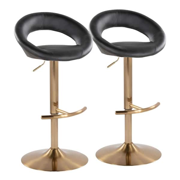 Lumisource Posh 33.25 in. Black Faux Leather and Gold Metal Adjustable Bar Stool (Set of 2)