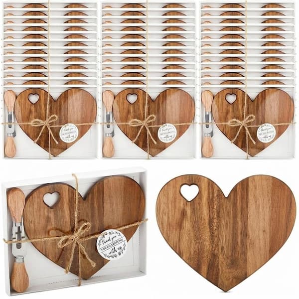 36-Set Mini Heart Acacia Wood Cheese Board with Knife and Fork, Thank You Tag, Gift Box for Parties Guest
